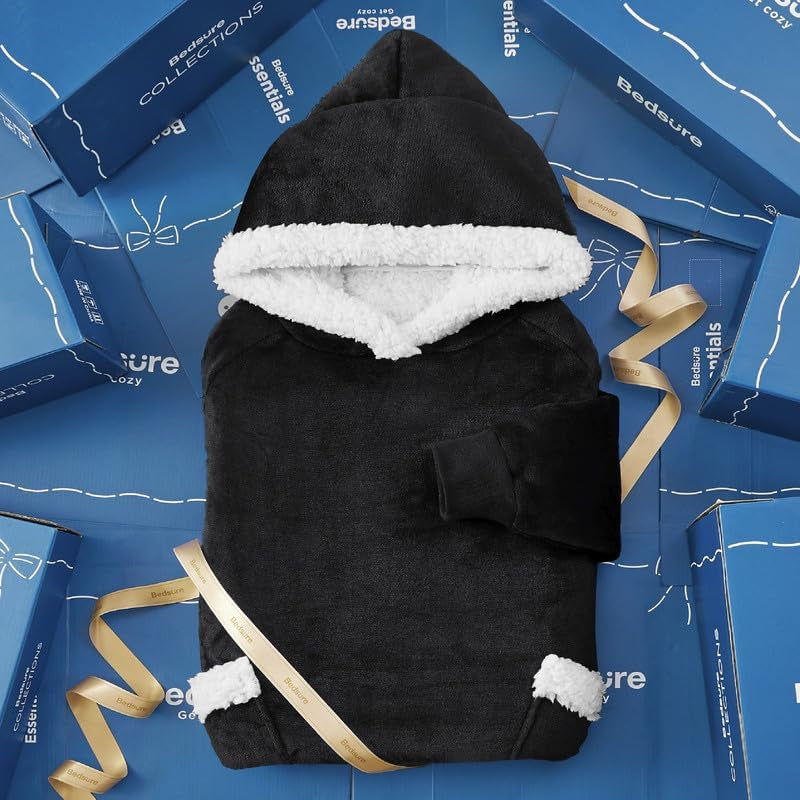 Bedsure Blanket Hoodie Gifts for Men - Long-Length Wearable Hooded Blanket Sweatshirt Adult with Side Split and Belt, Warm Sherpa Fleece Blanket Jacket, Black