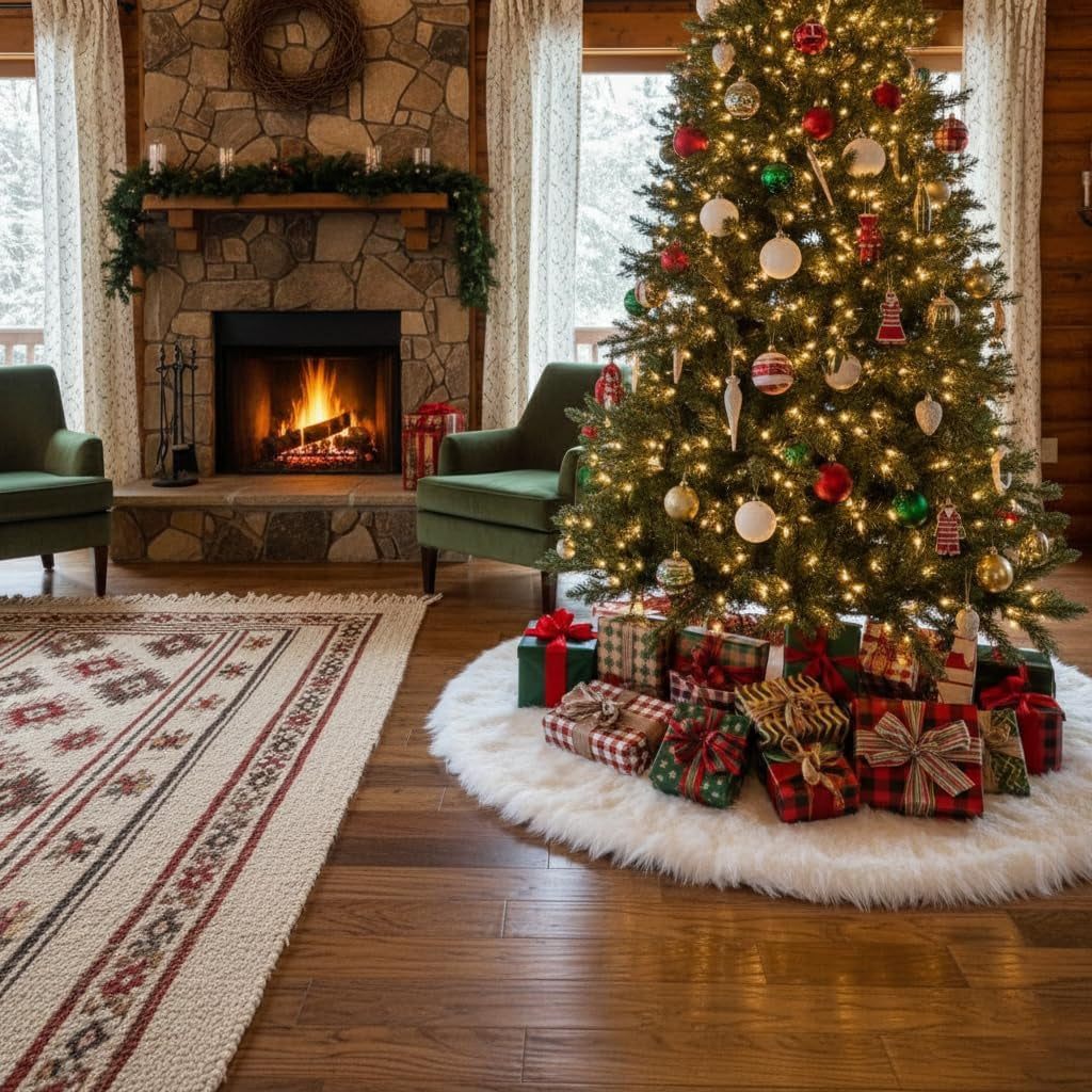 48 Inch Christmas Tree Plush Skirt Decoration for Merry Christmas Party Faux Fur Christmas Tree Skirt Decorations