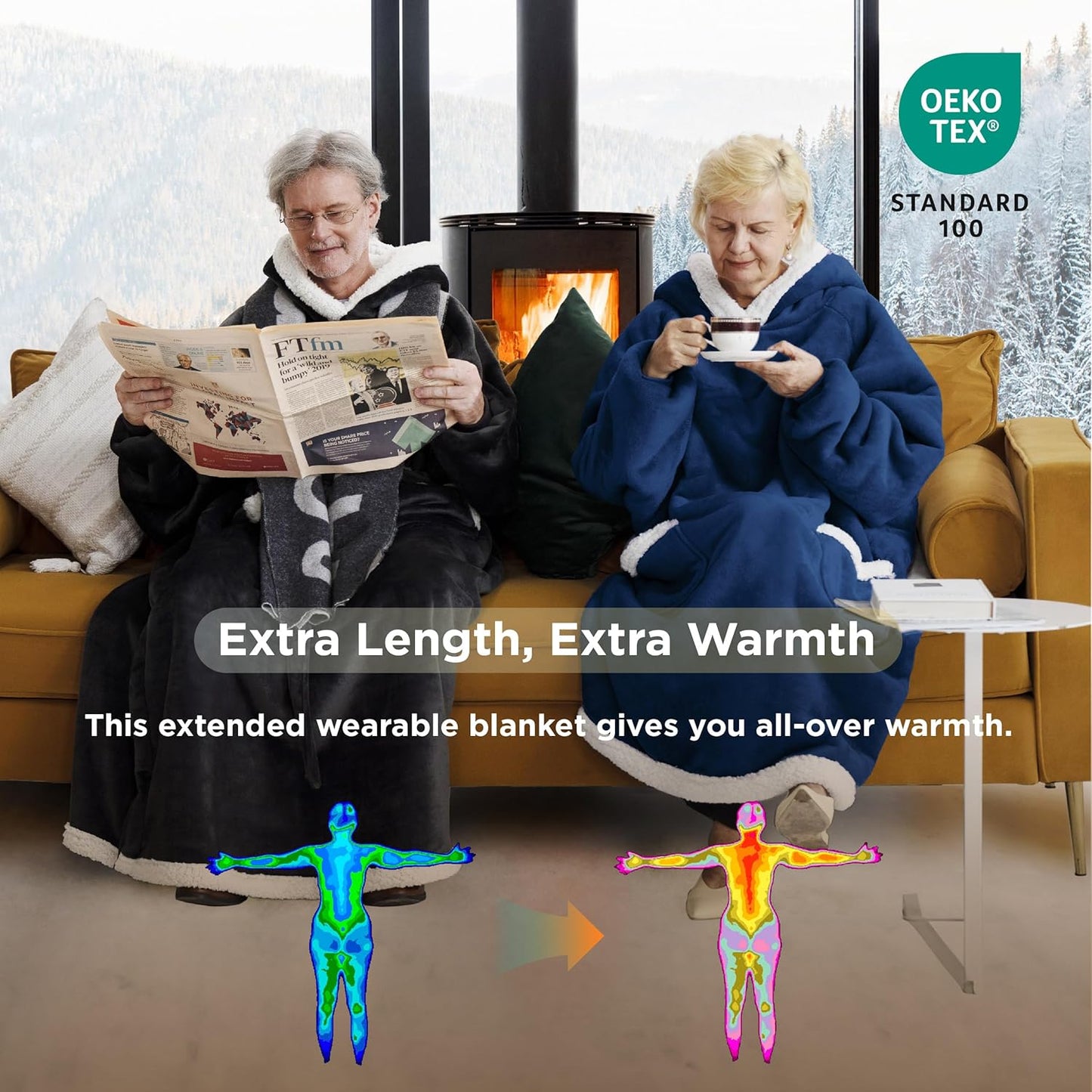 Bedsure Blanket Hoodie Gifts for Men - Long-Length Wearable Hooded Blanket Sweatshirt Adult with Side Split and Belt, Warm Sherpa Fleece Blanket Jacket, Black