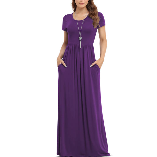 Women'S Short Sleeve Loose Plain Maxi Dresses Casual Long Dresses with Pockets,Mother'S Day,Dark Purple,Xl